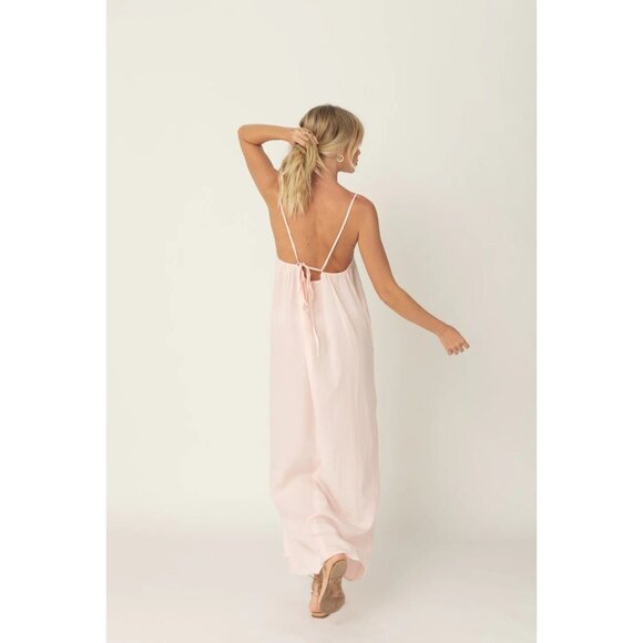 STEVIE AURA Milky Way Light Pink Tencel Twill V-Neck Column Maxi Dress, Size M - Picture 3 of 12